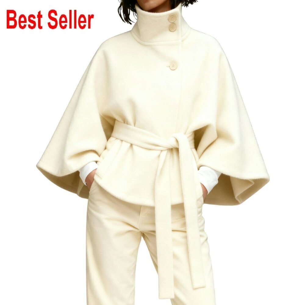 Wool Blend Batwing Sleeve Poncho Coat Cropped Oversized Chic Elegant Winter